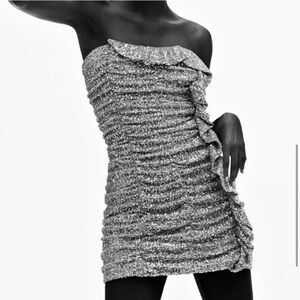 Zara Silver Strapless Ruffled Dress